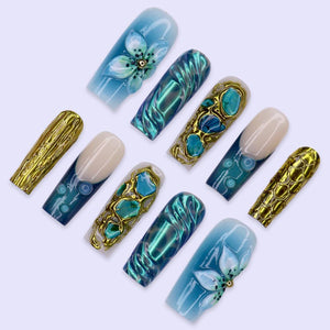 Summer Press On Nails With Turquoise Stone, Gold Chrome And 3D Blue Flower | Long Square Fake Nails | Luxury Handmade Nail Art For Vacation