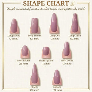 A nail shape chart displaying mauve-colored artificial nails in various styles including Long Round (24 mm), Long Square (25 mm), Long Oval (28 mm), Long Coffin (32 mm), Short Round (16 mm), Short Square (16 mm), Short Coffin (27 mm), Stiletto (32 mm
