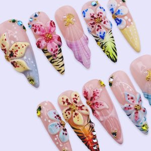 Summer Press On Nails With 3D Hibiscus And Shell | Long Almond Fake Nails | Tropical Handmade Nail Art For Beach Vacation, Party & Gift