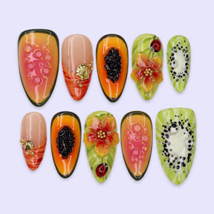 Summer Press On Nails With Papaya, Kiwi & Tropical Flower | Handmade Fruit Nail Art | Beach Vacation Fake Nails medium almond For Summer Holiday