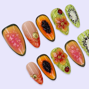 Summer Press On Nails With Papaya, Kiwi & Tropical Flower | Handmade Fruit Nail Art | Beach Vacation Fake Nails medium almond For Summer Holiday