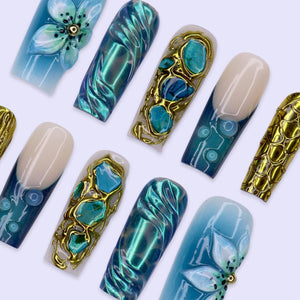 Summer Press On Nails With Turquoise Stone, Gold Chrome And 3D Blue Flower | Long Square Fake Nails | Luxury Handmade Nail Art For Vacation