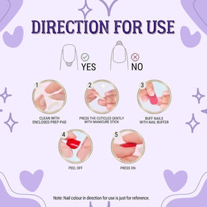 An instructional graphic on a light purple background titled DIRECTION FOR USE. It shows five steps for applying press-on nails: cleaning with a prep pad, pushing cuticles, buffing, peeling the backing, and pressing the nail onto the finger.