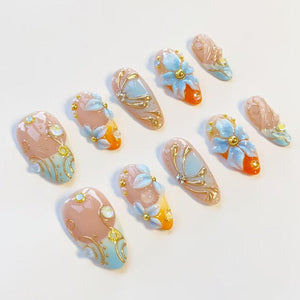 Orange Holiday nails/Green press on nails long almond nails/Elegant Nails/Summer nails/Holiday Vacation Custom nails/Mint Green Nails image 10