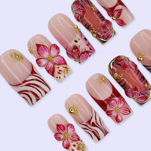 Summer Press On Nails With Hibiscus Flowers, Palm Leaf & Gold Chrome Details | Medium Square Fake Nails | Handmade Nail Art For Holiday