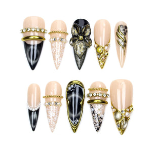 Nude Black Ombre 3D Gold Flower Nails/Gold Metal Chain Long Stiletto Nails/Vintage Old Money Party Nails/Crack Texture Nail/Birthday Nails image 6
