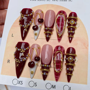 Burgundy Cherry Gothic Press On Nails, Gold Chrome 3D Nails, Luxury Stiletto Nails, Dark Red Coquette Nails, Handmade Gothic Glam Set image 2