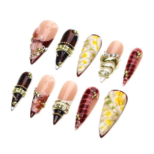 Vintage Brown Amber Long Stiletto Press On Nails/Tortoise Shell Nails/Caramel 3d Floral Nails/ Spiral Gold Metal Bangle Nails/Birthday Nail image 7