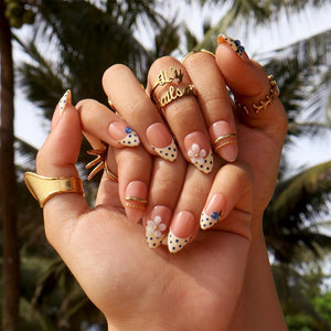 Summer Press On Nails With Blueberry, 3D Daisy & Gold Rings | French Tip Medium Almond Fake Nails | Handmade Nails Art For Vacation Or Gift