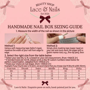 A pink informational graphic titled HANDMADE NAIL BOX SIZING GUIDE for Beauty Shop Lace & Nails Est 2026. It features two methods for measuring nail width using a measuring tape and masking tape, plus a sizing table in millimeters.