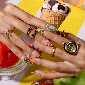 Tropical Toucan Press On Nails With Lime Slice & Jungle Leaf Art | Medium Almond Fake Nails | Handmade Nails Art Summer Vacation , Holiday