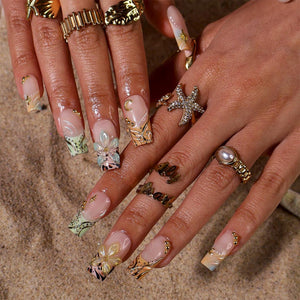 Luxury Press On Nails With Moon, Star & Gold Chrome Details | Medium Square Fake Nails | Handmade Nails Art For Summer Holiday & Party