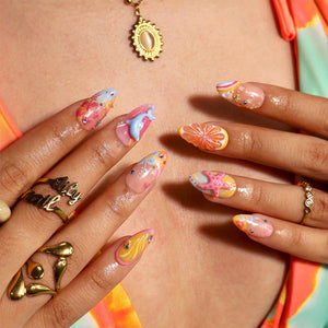Summer Press On Nails With Dolphin, Citrus & Starfish | Medium Almond Fake Nails | Handmade Nails Art For Luxury Beach Vacation and Gift