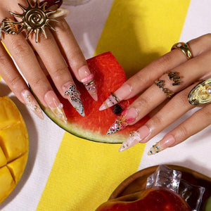 Summer Press On Nails With Hibiscus 3D, Leopard Shark and Starfish | Long Almond Fake Nails | Luxury Handmade Nail Art For Vacation & Gift