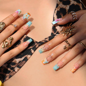 Summer Press On Nails With Seashell, Seahorse & Hibiscus Flower | Medium Square Fake Nails | Handmade Nail Art For Luxury Vacation and Gift