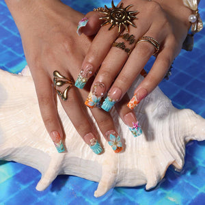 Summer Press On Nails With Seashell, Seahorse & Hibiscus Flower | Medium Square Fake Nails | Handmade Nail Art For Luxury Vacation and Gift