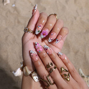 Polka Dot Summer Press On Nails With Orchid Flower & Colorful Gem | Medium Almond Fake Nails | Handmade Nail Art For Holiday Or Gift