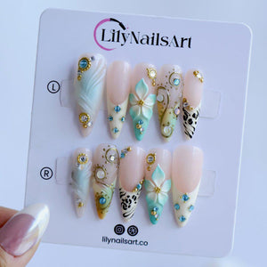 Luxury Coastal Summer Press On Nails With Gold Chrome Swirls & Zebra Accent | Long Almond Fake Nails | Handmade Nail Art For Holiday Season