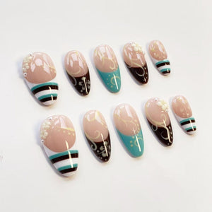 Floral Vine Nails/Press On Nails Long Almond Nails/Brown Teal Stripe Nails/Retro Elegant Nails/Spring Summer Nails/Daily Nails/Custom Nails image 10