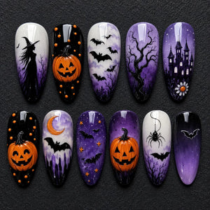 A set of eleven almond-shaped press-on nails featuring Halloween-themed designs including black silhouettes of a witch, bats, a haunted castle, and bare trees, alongside orange jack-o'-lanterns, a crescent moon, and a spider.