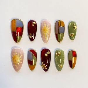 Sun Totem Nails/Press On Nails Long Almond Nails/Stained Glass Nails/Color Block Gold Line Nails/Retro Art Nails/Autumn Nails/Custom Nails image 1