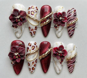 Burgundy Floral Press On Nails, 3D Flower Cat Eye Nails, Gold Chrome Leopard Marble Nails, Luxury Handmade Almond Nails image 1