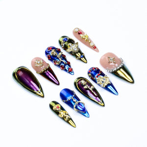Vintage Baroque Rose Angel Stiletto Press On Nails/Metallic Purple Blue Fake Nails/Gold Royal Chrome Mirror Cross Luxury Handmade Nail Art image 3
