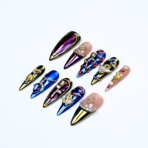 Vintage Baroque Rose Angel Stiletto Press On Nails/Metallic Purple Blue Fake Nails/Gold Royal Chrome Mirror Cross Luxury Handmade Nail Art image 6