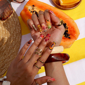 Tropical Summer Press On Nails With Hibiscus Flowers & Papaya Fruit | Medium Square Fake Nail | Handmade Nail For Vacation & Holiday