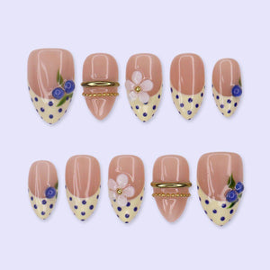 Summer Press On Nails With Blueberry, 3D Daisy & Gold Rings | French Tip Medium Almond Fake Nails | Handmade Nails Art For Vacation Or Gift