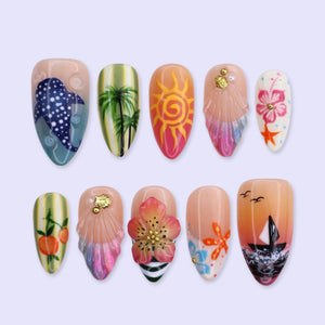 Summer Press On Nails With Shark & Hibiscus Flower | Medium Almond Fake Nails | Sunset Handmade Nails Art For Beach Vacation Or Gift