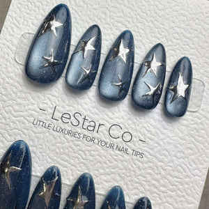 Handmade Celestial Star Cat Eye Gel Press On Nails – Sparkle Blue Manicure image 5