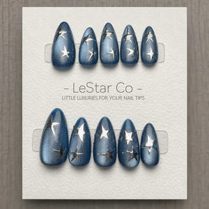 Handmade Celestial Star Cat Eye Gel Press On Nails – Sparkle Blue Manicure image 1