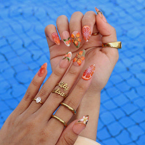 Summer Press On Nails With Orange Slice & 3D Floral Art | Medium Almond Fake Nails | Handmade Nail Art for Vacation, Picnic & Gift