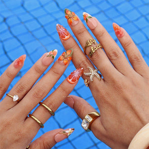 Summer Press On Nails With Orange Slice & 3D Floral Art | Medium Almond Fake Nails | Handmade Nail Art for Vacation, Picnic & Gift