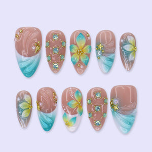 Summer Press On Nails With Aqua French Tips, Crystal Details & Gold Accents | Medium Almond Fake Nails | Handmade Nails Art Luxury Vacation