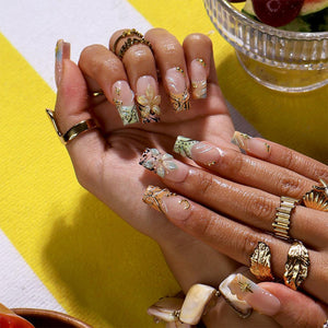 Luxury Press On Nails With Moon, Star & Gold Chrome Details | Medium Square Fake Nails | Handmade Nails Art For Summer Holiday & Party