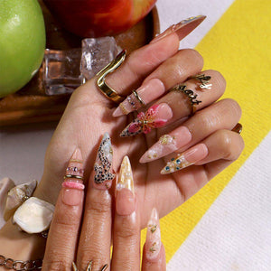 Summer Press On Nails With Hibiscus 3D, Leopard Shark and Starfish | Long Almond Fake Nails | Luxury Handmade Nail Art For Vacation & Gift