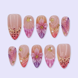 Summer Press On Nails With Seashell, Hibiscus Flower & Starfish Details | Medium Almond Fake Nails | Handmade Nail Art For Holiday and Daily