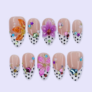 Polka Dot Summer Press On Nails With Orchid Flower & Colorful Gem | Medium Almond Fake Nails | Handmade Nail Art For Holiday Or Gift