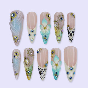 Luxury Coastal Summer Press On Nails With Gold Chrome Swirls & Zebra Accent | Long Almond Fake Nails | Handmade Nail Art For Holiday Season