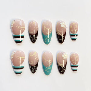 Floral Vine Nails/Press On Nails Long Almond Nails/Brown Teal Stripe Nails/Retro Elegant Nails/Spring Summer Nails/Daily Nails/Custom Nails image 9