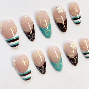 Floral Vine Nails/Press On Nails Long Almond Nails/Brown Teal Stripe Nails/Retro Elegant Nails/Spring Summer Nails/Daily Nails/Custom Nails image 5