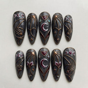 Handmade Gothic Celestial Press On Nails | Dark Gray Moon Phase Bat Wing Nail Art | Witchy Fantasy Almond Fake Nails | Mystic Gothic Gift image 1
