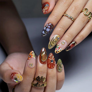Abstract Earth Tone Press On Nails with Gold Chrome & Aura Marble | Medium Almond Fake Nails | Handmade Nails for Fall, Everyday Wear image 4