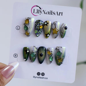 Y2K Press On Nails with Green Chrome, Star Charms | Medium Almond Fake Nails | Handmade Nails Art for Party, Festival & Streetwear Looks image 5