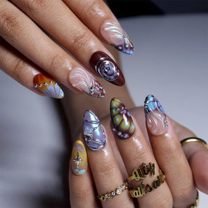 Free Style Press On Nails with Brown & Blue Abstract Swirl | Chrome Fake Nails in Medium Almond | Handmade Nail Art for Statement Looks image 4