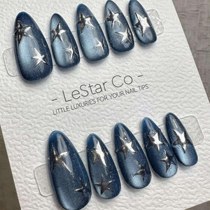 Handmade Celestial Star Cat Eye Gel Press On Nails – Sparkle Blue Manicure image 4
