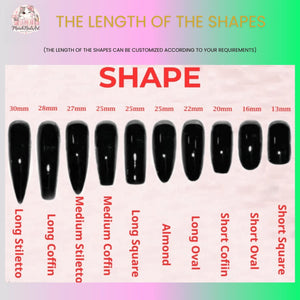 A chart titled THE LENGTH OF THE SHAPES displaying ten black nail shapes with corresponding lengths from 13mm to 30mm. The shapes include long stiletto, long coffin, medium stiletto, medium coffin, long square, almond, long oval, short coffin, short