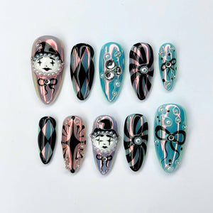 Handmade clown press on nails with vintage clock design, pastel pink and turquoise colors, Harlequin diamond pattern, gothic circus aesthetic, long almond fake nails featuring rhinestones, bows, and whimsical clowncore nail art perfect for cosplay, H